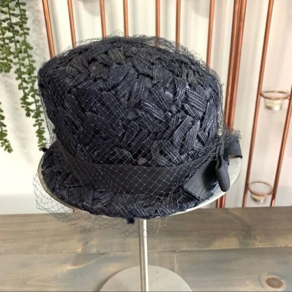 Vintage Navy Blue Cloche Hat with Mesh Overlay main image 5
